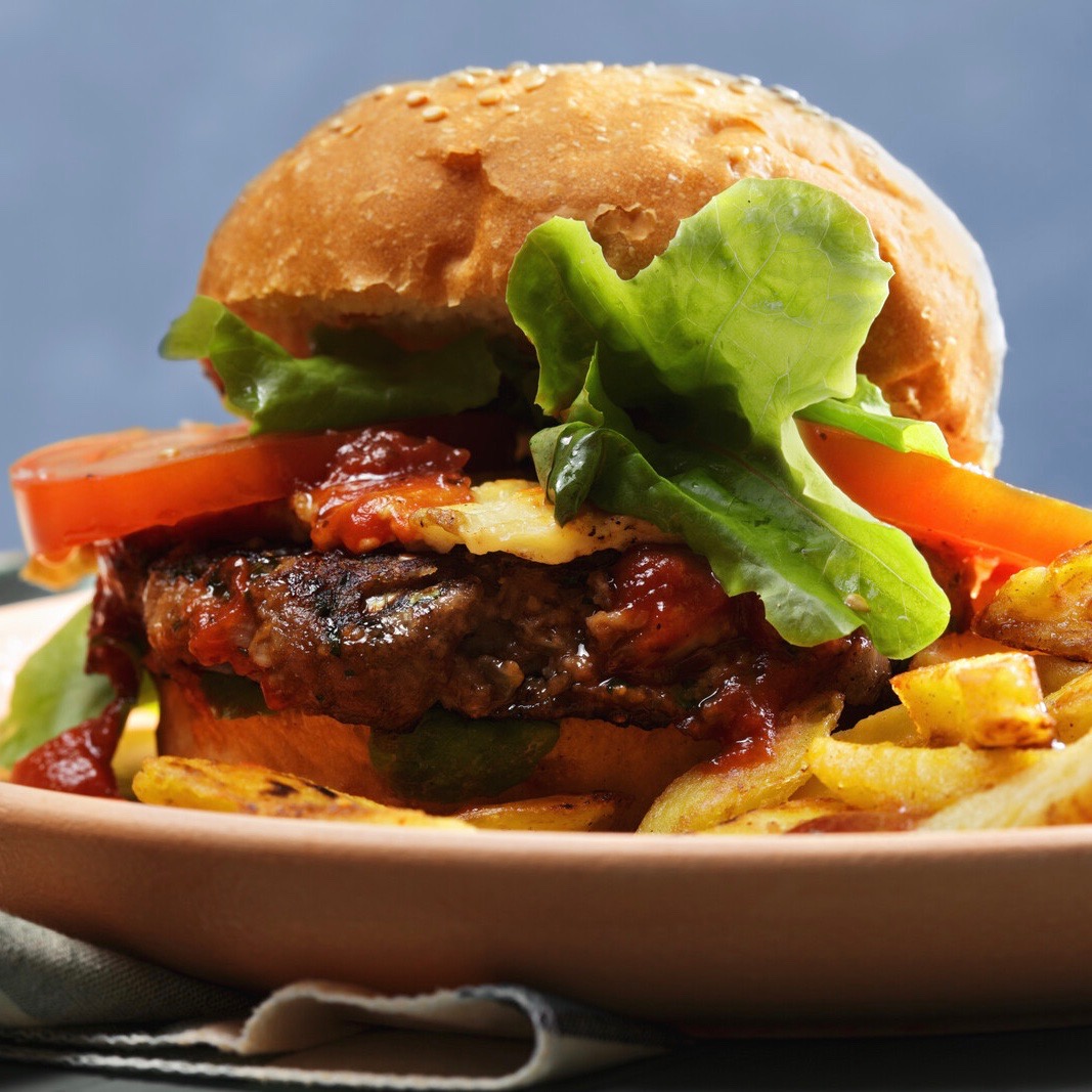 Photo of a hamburger and fries