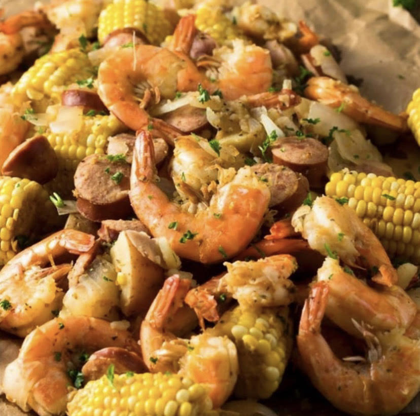 Cajun Boil with Shrimp, potatoes, corn